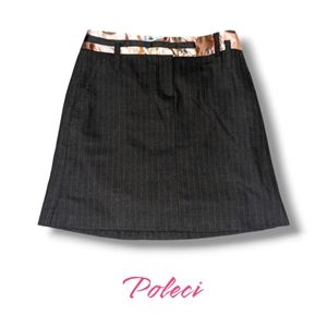 Poleci Grey Pin Stripped Wool  Skirt with Multicolor Silk Trim & Pockets Sz2